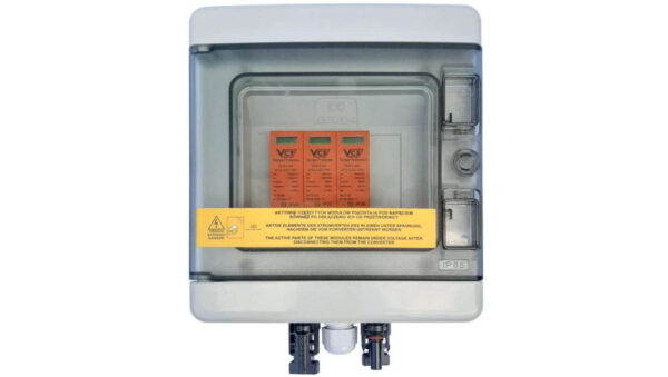 Rozdzielnica PV wyposażona HF 1x4 T2 1‑string szara VCX MC4 1000VAC 1500VDC UV 150x170x100 RFOT‑004